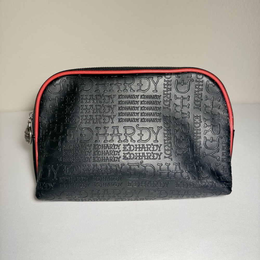 Ed Hardy Cosmetic Makeup Pouch Bag Logo Skull Black Red